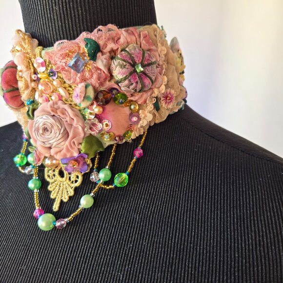 Handmade Pink Rose Embroidered Victorian-style Choker Collar Fairycore - Picture 3 of 10